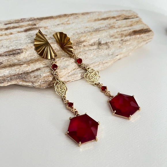 Elegant Art Deco-Inspired  Dangle Statement Earrings- Red & Roses Drop Earrings - Picture 3 of 14